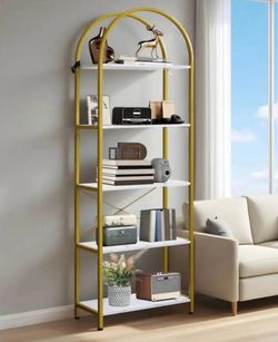 Gold Arched 5-Tier Bookshelf with White faux Marble Shelves