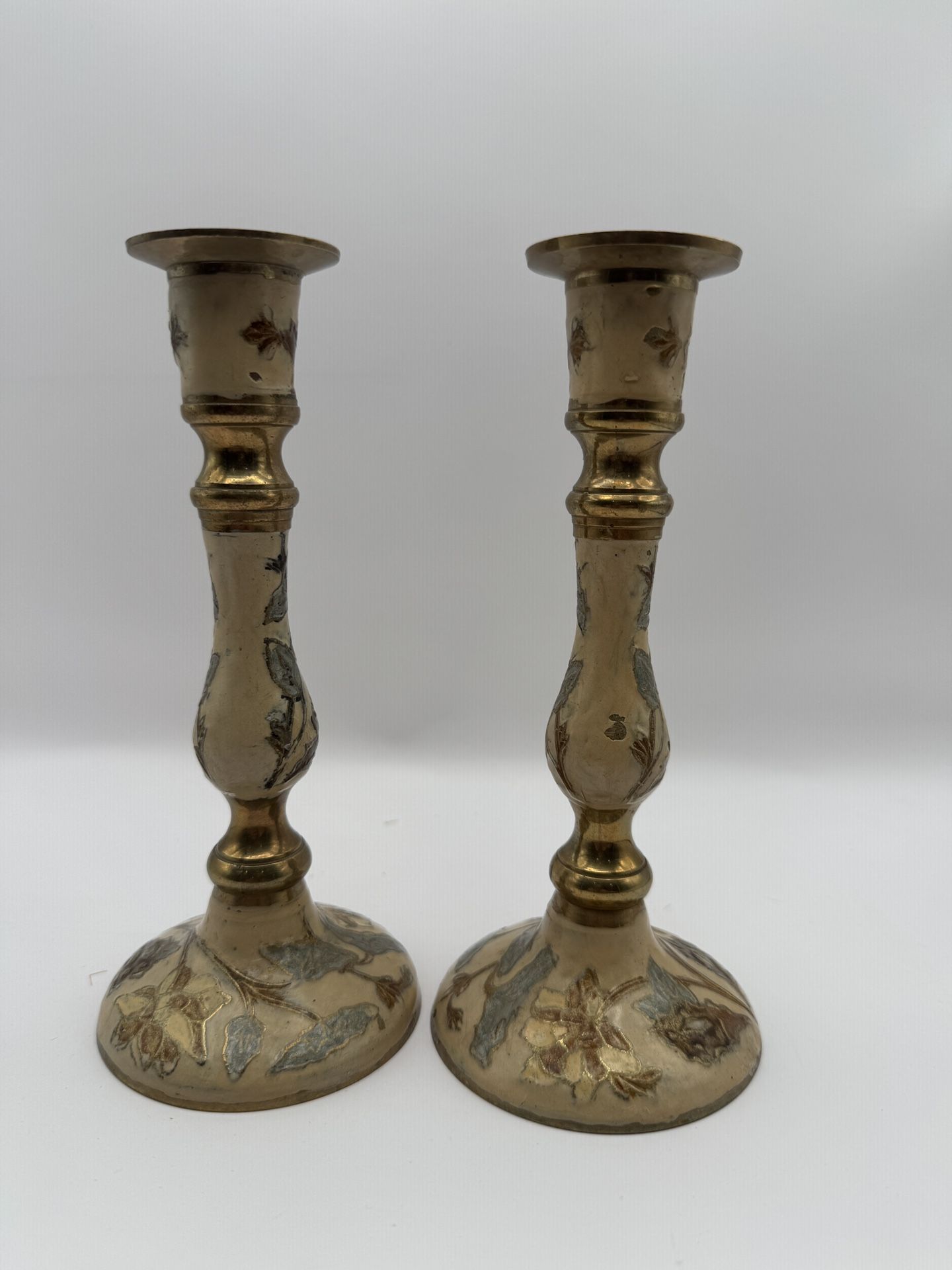 Pair Of Vintage Brass Candlesticks With Cloisonné Enamel Paint From India 7.25”
