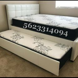 FULL/TWIN WHITE TRUNDLE BED W. ORTHOPEDIC MATTRESSES INCLUDED 