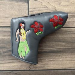 Hawaiian golf club cover with embroidered hula dancer and red hibiscus flowers