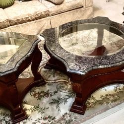 Red Mahogany Wood with Granite tops coffee table and two side tables.