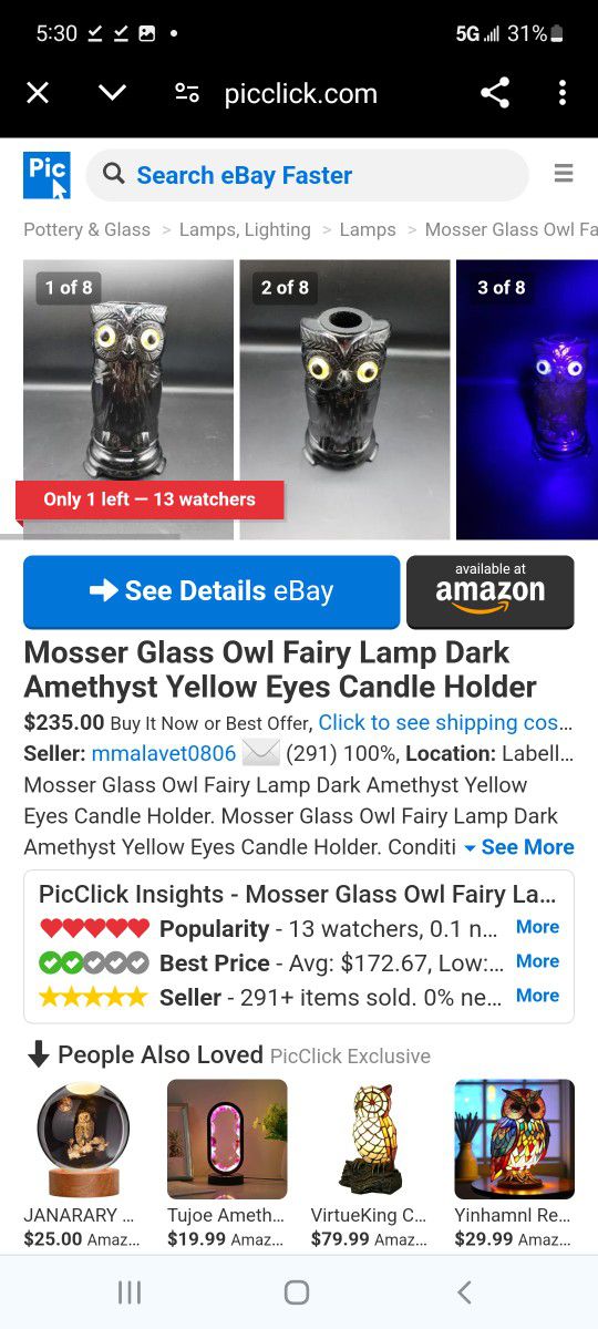 mosser glass owl fairy lamp dark amethyst yellow eyes candle holder