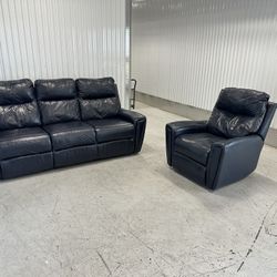 Comfortable Navy Blue Leather Sofa Set 