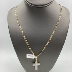 10kt Yellow Gold 26” Diamond-cut Figaro Link Chain 13.1gr & 10kt Yellow Gold Cross Charm w/ Diamonds 3.00ct 4.0gr