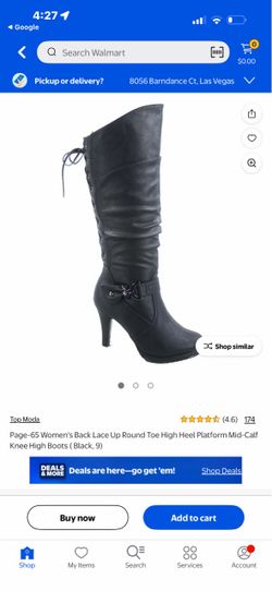Page-65 Women's Back Lace Up Round Toe High Heel Platform Mid-Calf Knee High Boots ( Black, 9)