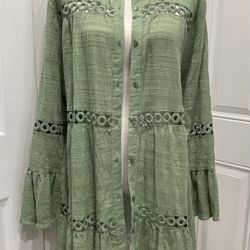 NWT IBIZA Anne Cole Basil Long Sleeve Button Up Crochet Adorned Dress, M