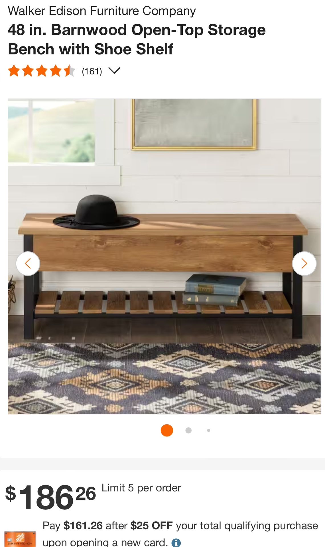 New In Box Walker Edison Furniture Company 48 in. Barnwood Open Top Storage Bench with Shoe Shelf