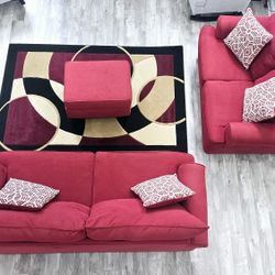 Rooms Togo 3 piece set Scarlet Red Sofa seat, loveseat with Chaise & 4 cushions
AREARUG 5x7 INCLUDED