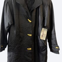 Worthington Black Leather Trench Coat with Yellow Accents