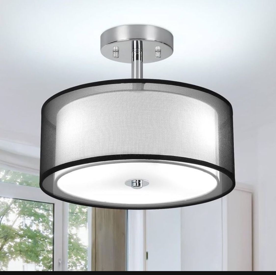 Modern 13" Black Ceiling Lamp with Double Fabric Shade