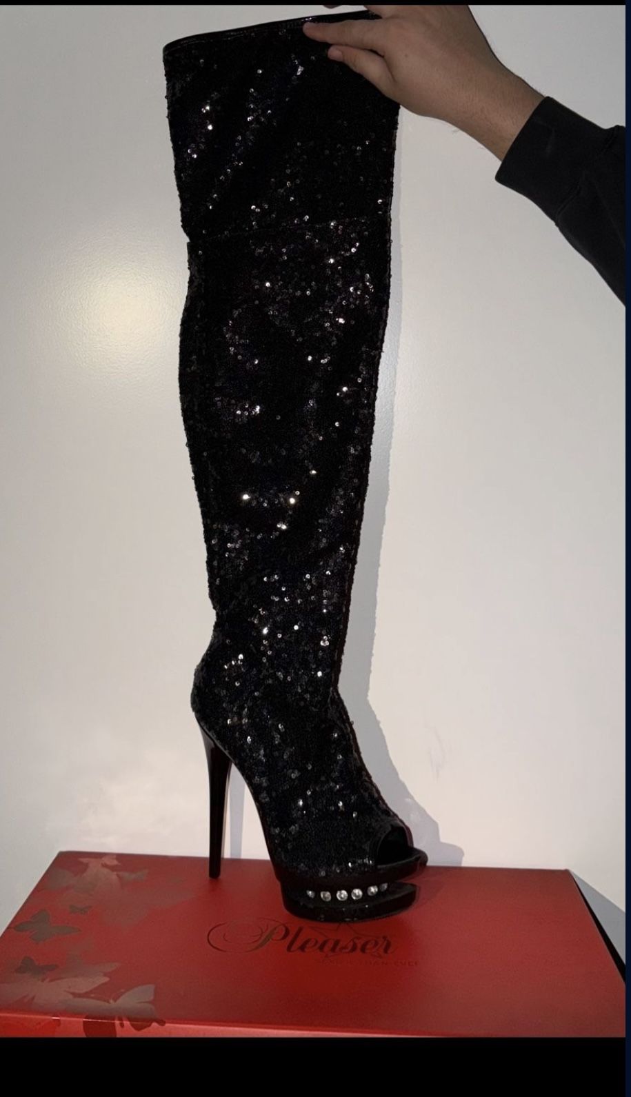 Black Sequin Rhinestone Thigh-High Platform Boots β by Pleaser