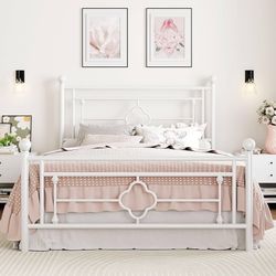 O504 $70  14 Inches Queen Size Metal Platform Bed Frame/Vintage Iron-Art Headboard and Footboard/Mattress Foundation for Storage/No Box Spring Needed/