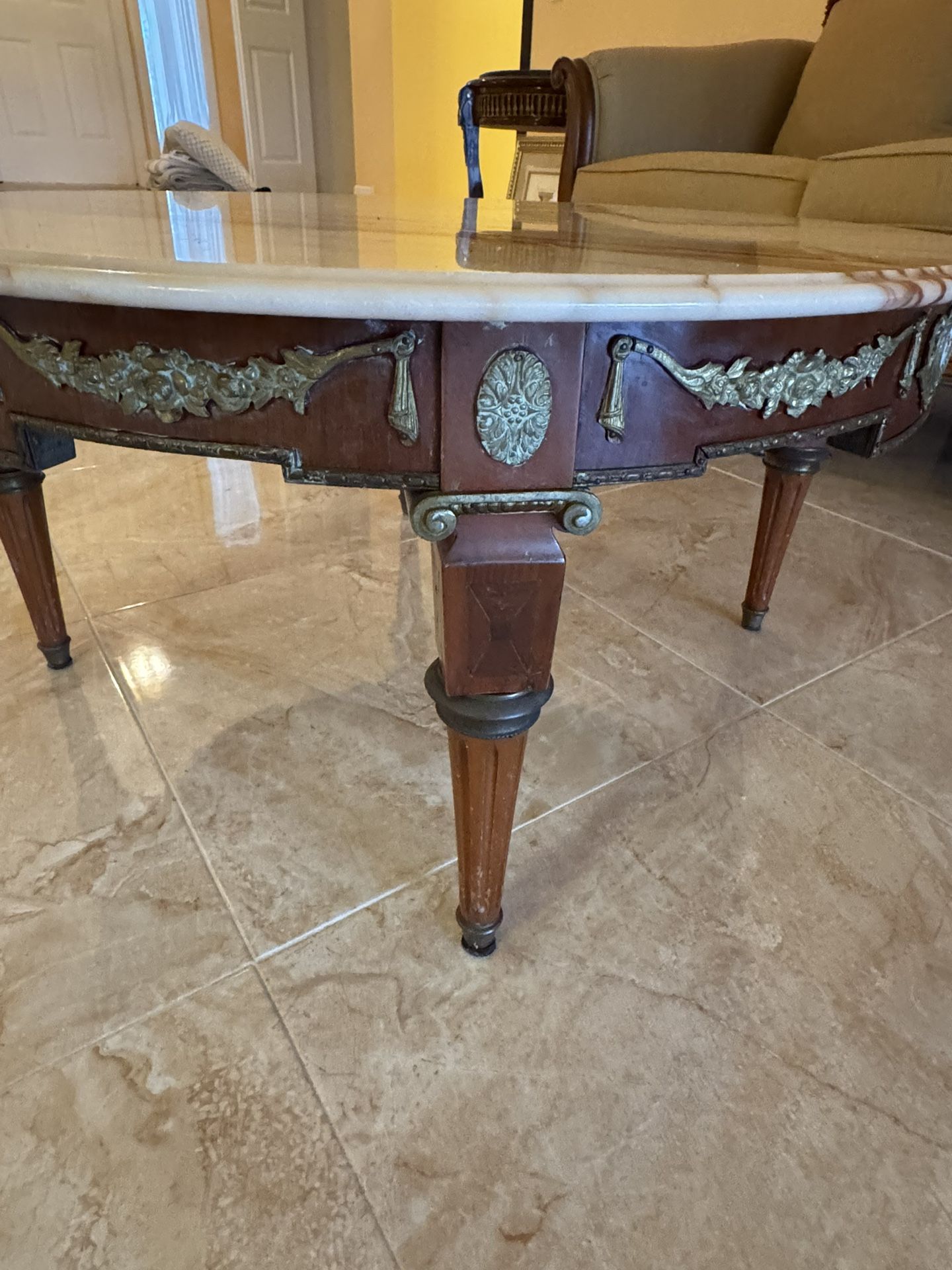 Antique Spanish Marble Topped Round Side Table W/ Ornate Brass Accents - 37” D x 18” T - Retail: $1099