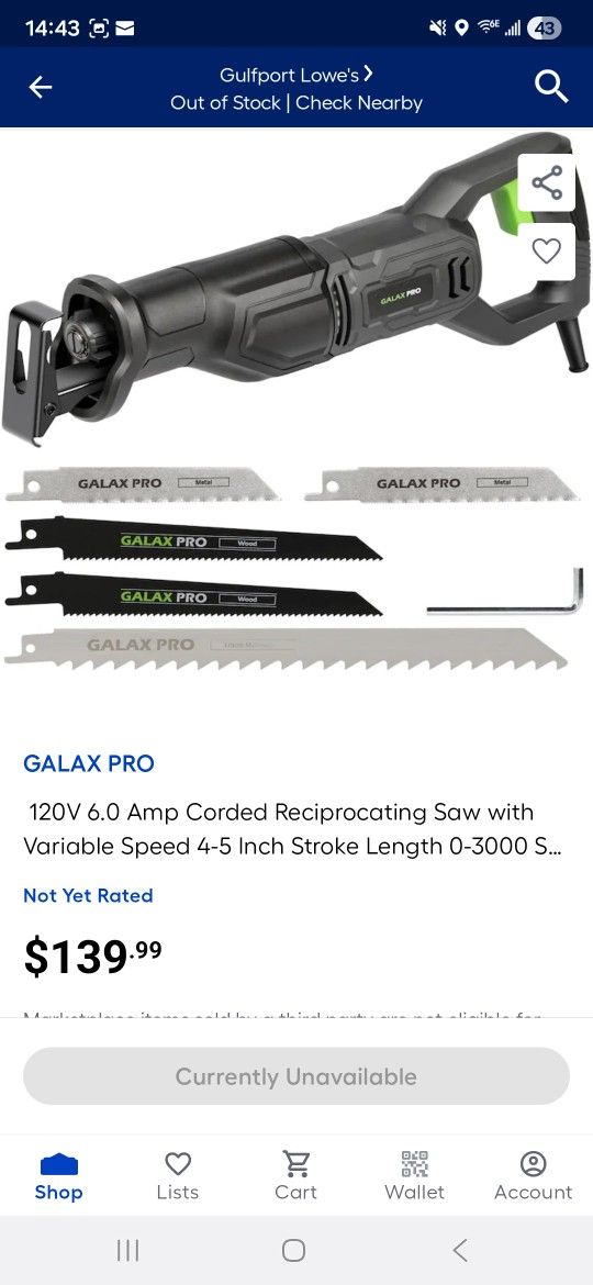 GALAX PRO
120V 6.0 Amp Corded Reciprocating Saw with Variable Speed 4-5 lnch Stroke Length 0-3000 .