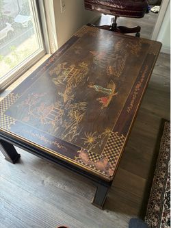 Henredon Chinoiserie Scenic Painted Top Wood Coffee Table 56x27 Rectangle