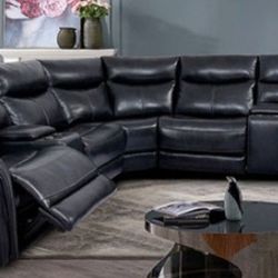 Brand New Dark Navy Blue Top Grain Leather Power Reclining Sectional Sofa 