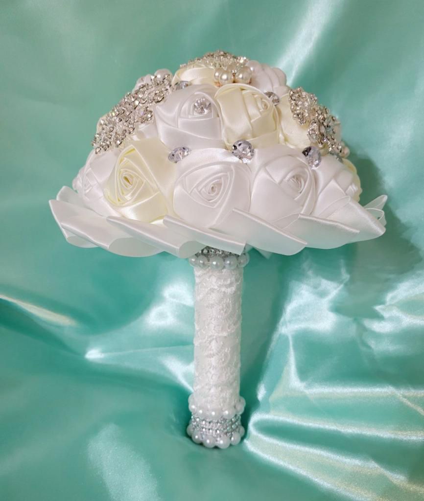 White and Ivory Satin Roses Brooch Wedding Bouquet For Bride