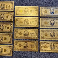 Toy Pretend Play School Fake Faux gold money 100/ 50/ 20 dollar bills 2 5/8" High 6" Wide  