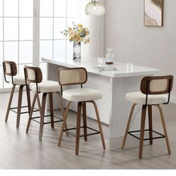 Swivel Counter Height Bar Stools Set of 4, Upholstered Faux Leather Barstools with Rattan Back, 26" Seat Height Bar Chairs for Kitchen Island, Bentwoo