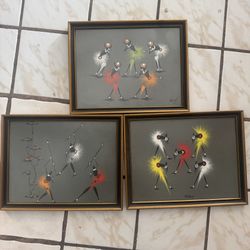 Vintage 1950s Framed African Tribal Art Gouache Warriors Painting 3 Pieces