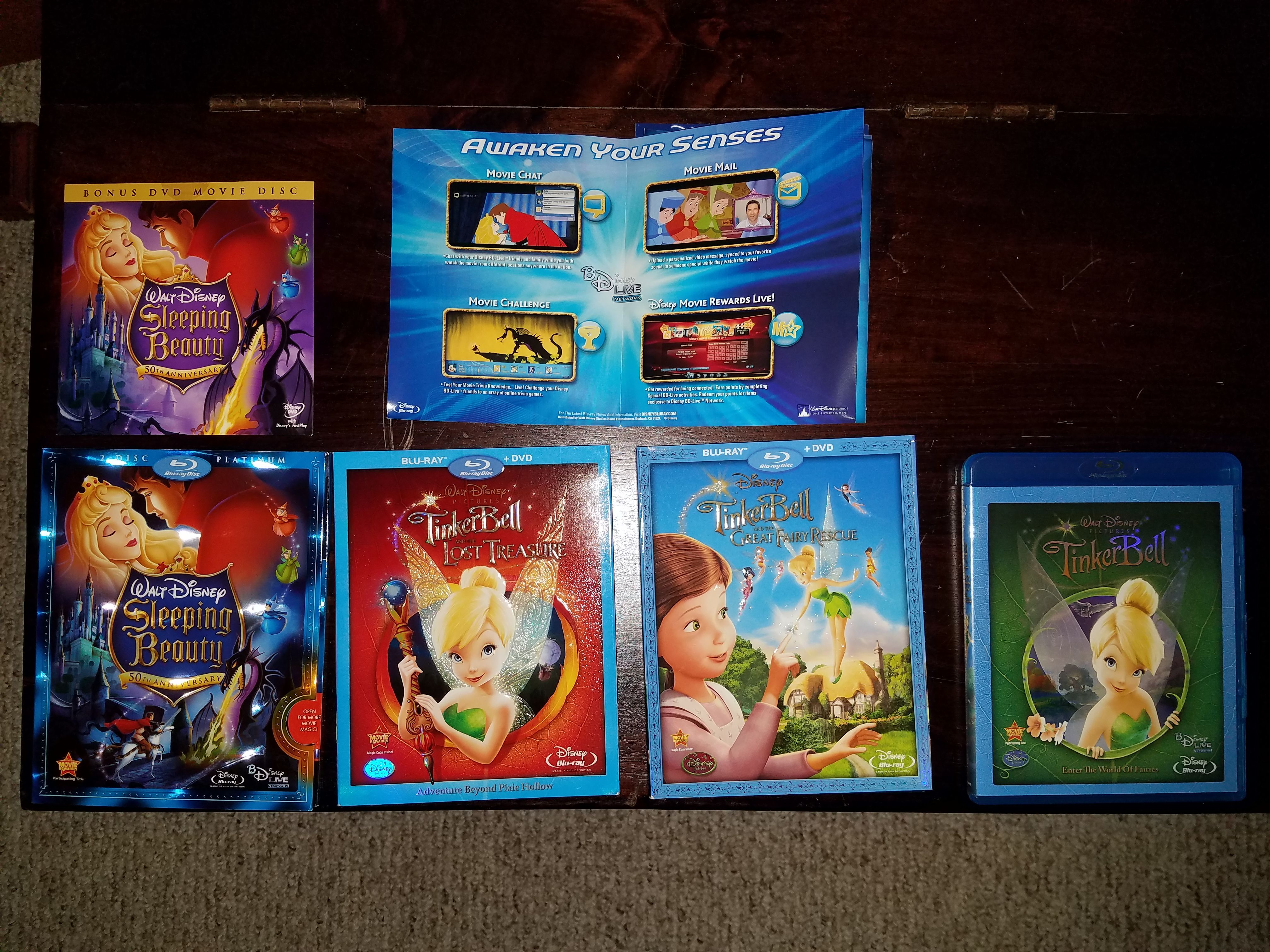 DISNEY SLEEPING BEAUTY AND TINKERBELL BLU RAY DVD LOT