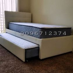 Twin Twin Size White Trundle Bed W Ortho Mattress 