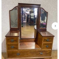 Antique Wood Vanity With Tri-fold Mirror 
