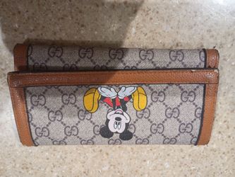 Gucci GG Disney X Mickey Mouse Zip Around Tan Gold Brown Purse Wallet
