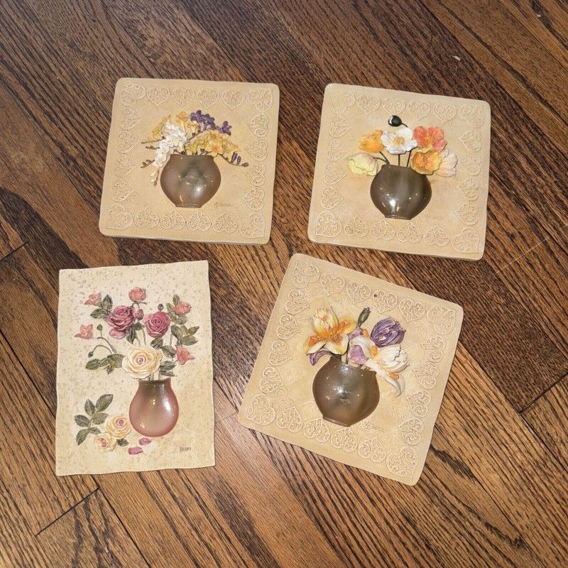 Set Of 3 Albena 5.5x5.5 & Cheri Blum Vtg Floral Wall Plaques 4.5 X 6.25”