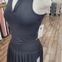 Sports high stretch solid color slim vest pleated lined mini tennis skirt set