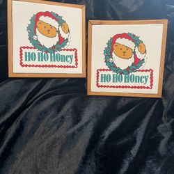 Ho Ho Honey Tile Christmas Trivets Wood Frame 7”x7”