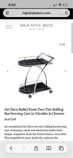 Art Deco Bullet Form Two-Tier Rolling Bar/Serving Cart in Vitrolite & Chrome TAKING BEST OFFER