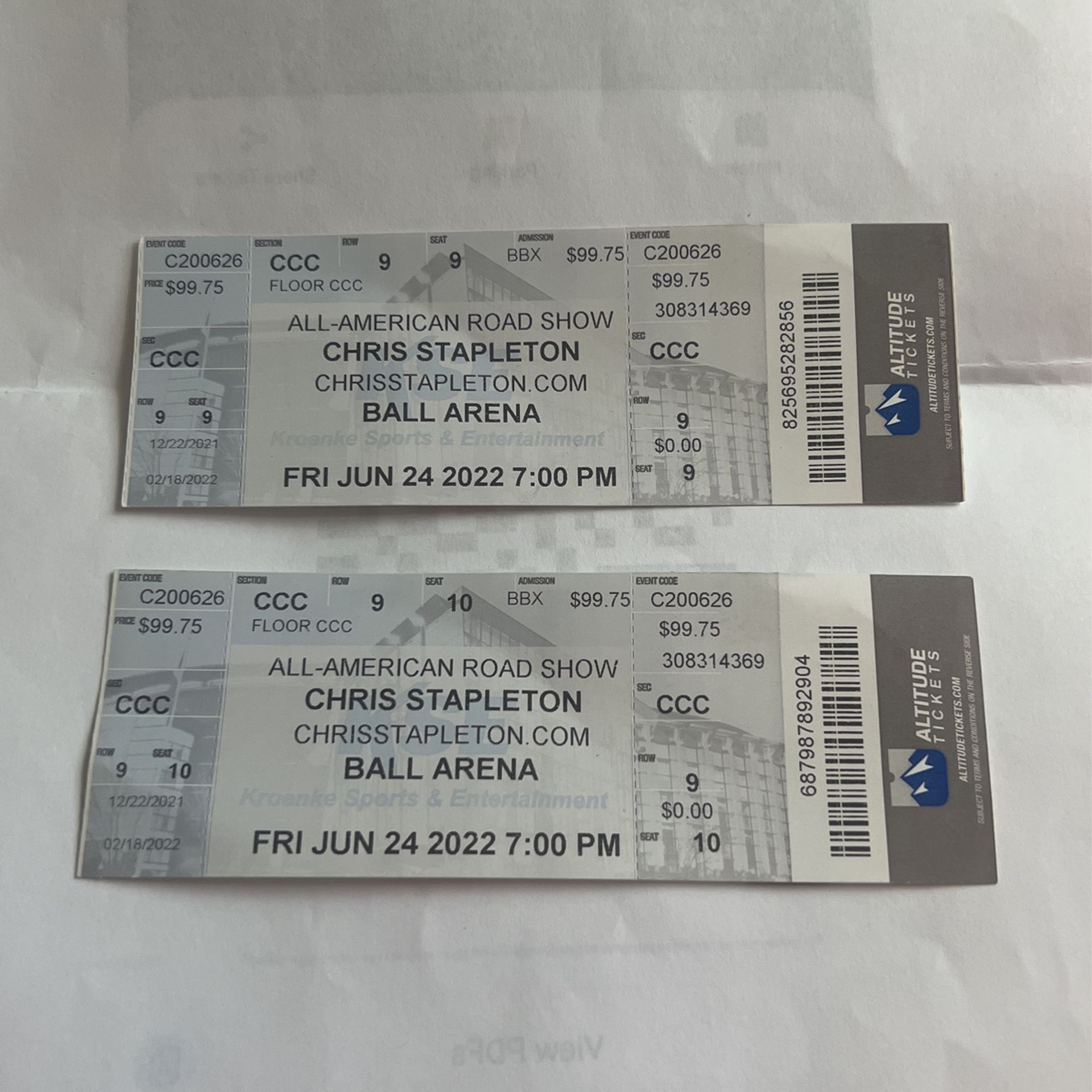 2 Chris Stapleton Concert Sunday July 3rd On The Floor Seats