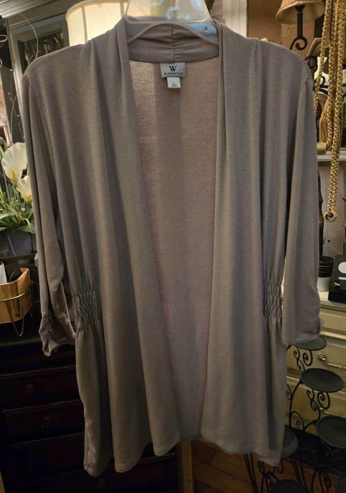 WT # 1074 Women's Worthington Large Beige  Cardigan 3/4 Sleeves