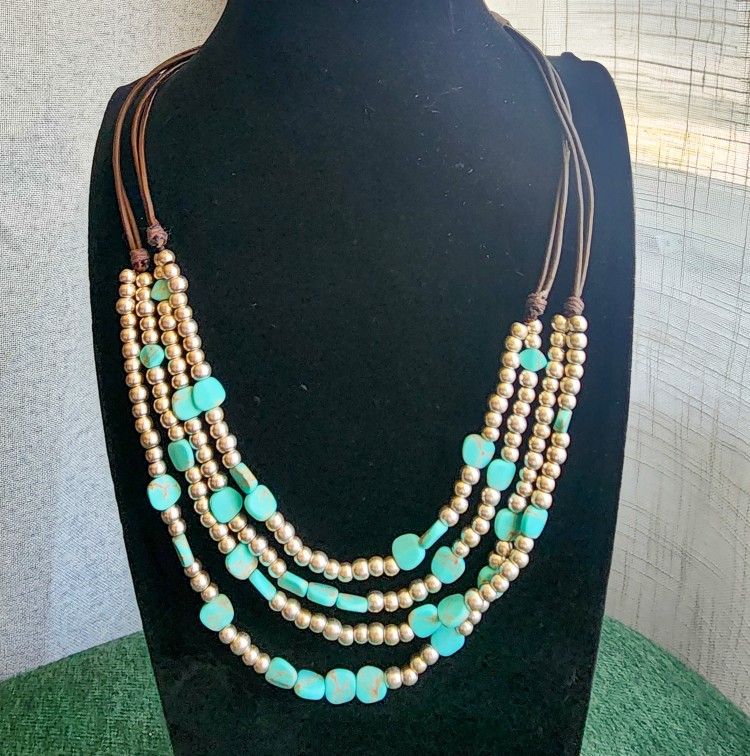 Lucky Brand Turquoise & Silver Bead Layered Necklace – Adjustable Cord, Boho Style