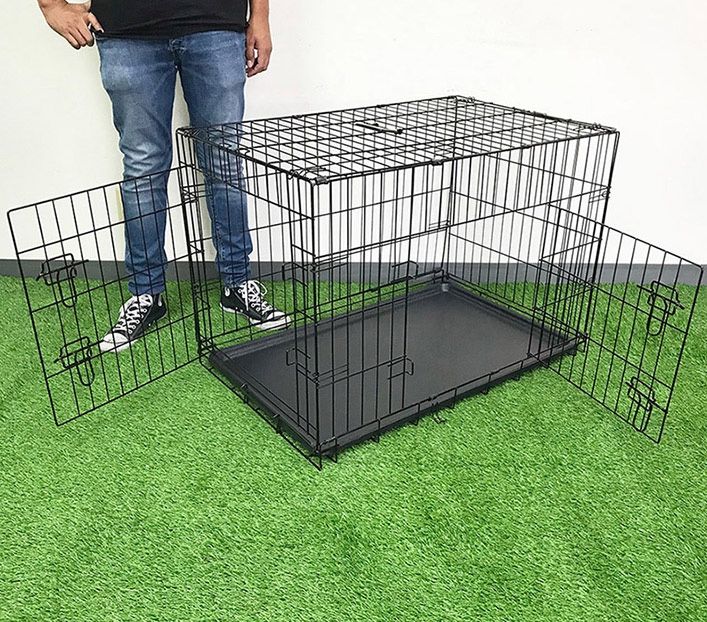 (Brand New) $50 Double Door 36” Dog Crate Kennel Metal Folding Pet Cage Plastic Tray, 36x23x25 Inches 
