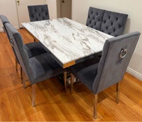 Rectangle Marble Dining Table with 6 grey velvet chairs