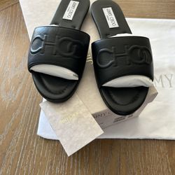 Black Leather Jimmy Choo Slide Sandals In Excellent Condition 