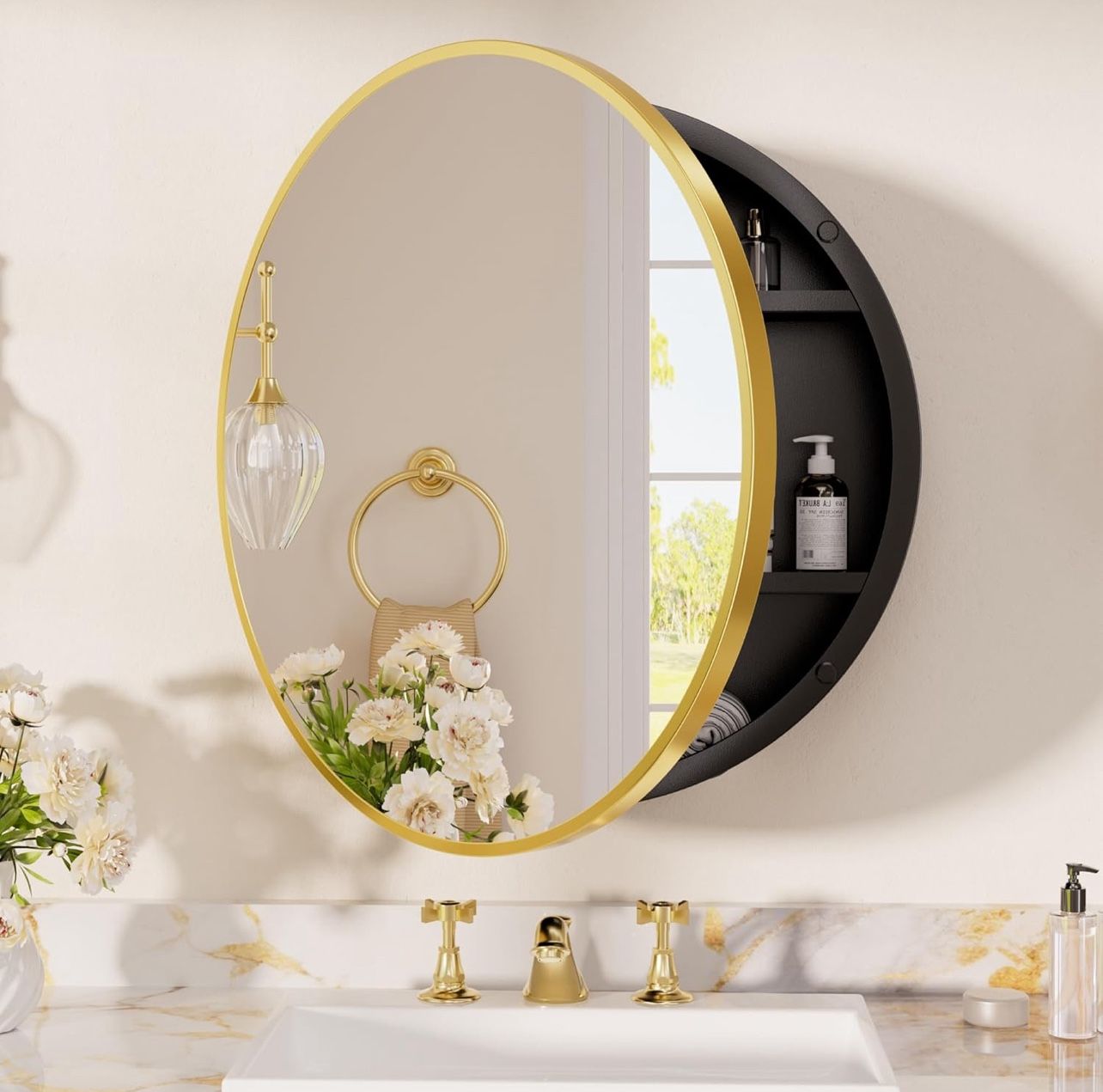 Round Gold Medicine Cabinet with Mirror – 20” x 20”