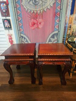 Vintage 2 Mahogany Side Tables  Carved Rope Twist Border Cabriole Legs 16"16"20"