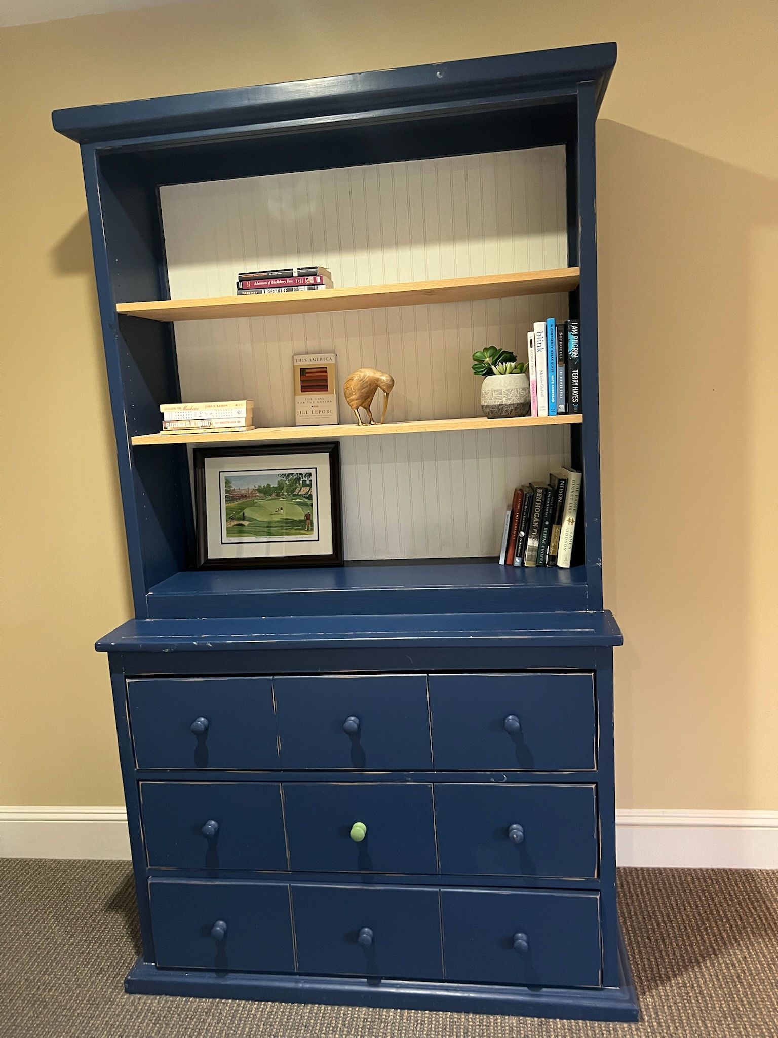 Blue Cabinet with Hutch Bead board back shelves 3 large drawers One piece 20.75 x 49 x 82.5h