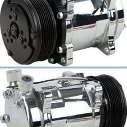 Universal A/C Compressor with Black PV7 Clutch SD 508 Style 5H14 R134A Chrome Serpentine Belt