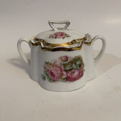 Bavaria Antique Sugar Bowl W Lid No Chips Pink Cabbage Roses