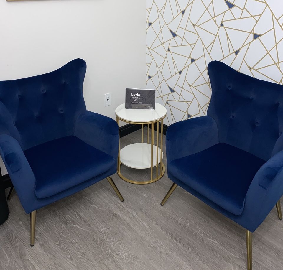 Blue Wing Back Chairs + Table 