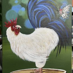 Curious Rooster With Butterfly Art Painting