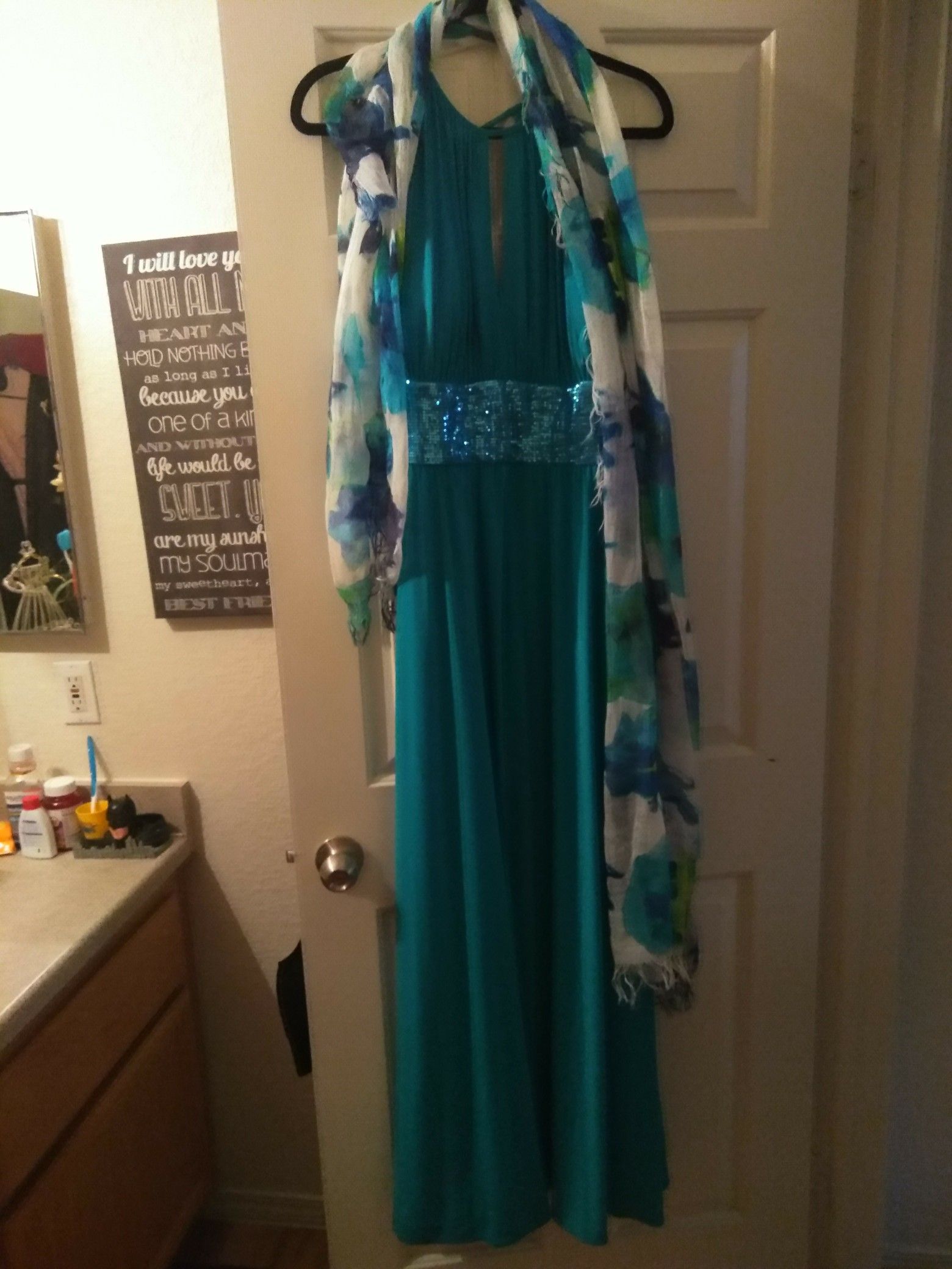 Beautiful long turquoise formal gown with pretty matching formal shawl