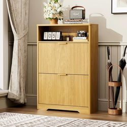 31.6'' Shoe Cabinet - 2 Flip Drawers with Adjustable Shelves Modern Minimalist Freestanding Organizer for Entryway Hallway (Natural) brand new in box