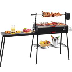 Portable Charcoal Grill, Rotisserie Grill, Foldable Camping Barbecue with Detachable Table, Stainless Grills, and Storage Shelf for Camping, BBQ (Blac