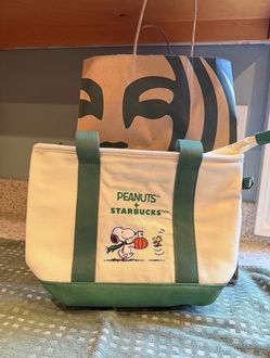 Starbucks Peanuts Canvas Tote Bag White Green Coffee & Tea Theme