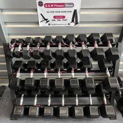 Top quality ⭐️New pair of 5,10,15,20,25,30,35,40,45,50,55,60lb rubber dumbbells with rack. $958